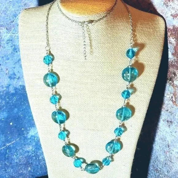 Aqua Blue Copper Sand Murano Glass Long Silver Chain Handcrafted Necklace - Picture 4 of 8